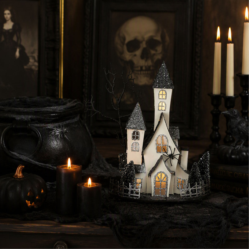 Maison hantée lumineuse en carton, à poser sur une table, fonctionnant à piles, fini noir et beige, idéale pour Halloween.
