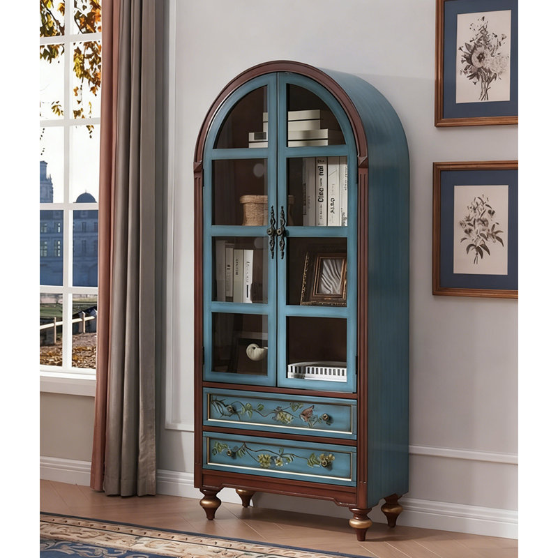 Vintage Arched-Top Blue Bookcase with Hand-Painted Floral Details
