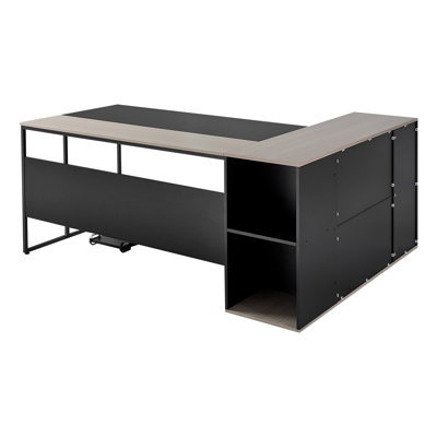 Bureau en L, l 70,87 po x P 31,5 po x H 29,53 po, panneau de particules et fer, 1 pièce, bureau en L, noir et gris, avec tiroirs et armoire