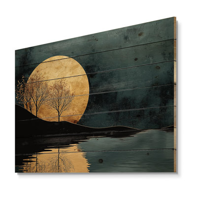 Rivière calme en harmonie dorée émeraude I - forêt et rivière, décoration murale en bois - sur bois de pin naturel