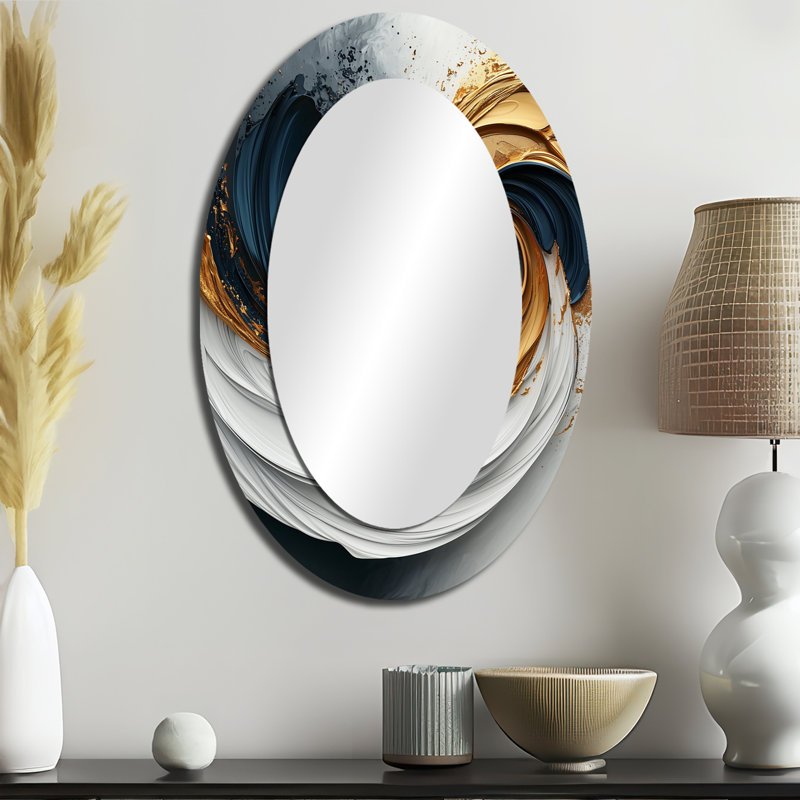 Gold Abstract Shapes And Lines - Miroir décoratif ovale abstrait sur métal, 36 po x 24 po