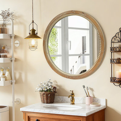 Miroir rond rond en bois patiné et perles, 23,62 "Farmhouse Vintage