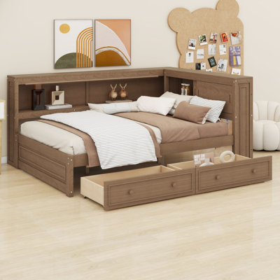 Cadre de lit de jour élégant en bois avec tablettes de rangement, tiroirs, ports USB et lumières DEL