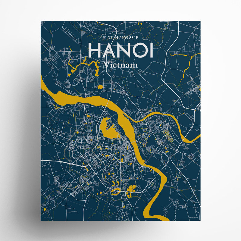 Hanoi, carte de la ville, impression, Bleu / jaune, H 20 po x l 16 po