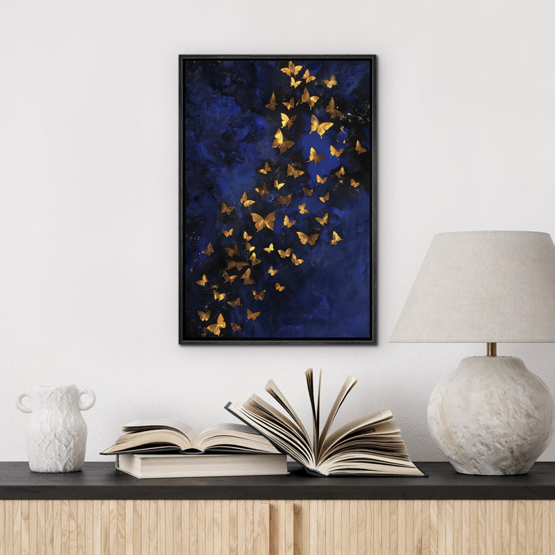 Papillon doré sur fond bleu foncé, Noir, H 36 po x l 24 po