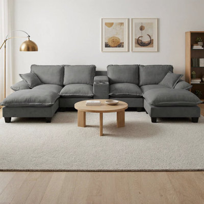 Canapé modulaire en U avec canapé en U avec porte-gobelets et rangement, port USB, 2 repose-pieds et 2 coussins, tissu en chenille doux pour le salon et l’appartement