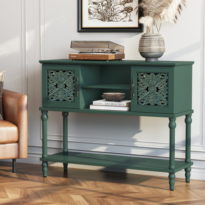 42" Carved Wood Console Table with Cabinets and Shelves, Solid Wood Legs for Entryway, Green