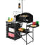 Table de cuisine de camping pour l'extérieur avec station de cuisson portable, plateau en aluminium, barbecue en acier, tables d'appoint, compartiments de rangement, 3 pare-brise, crochets, support de lampe, structure en X renforcée, rapide