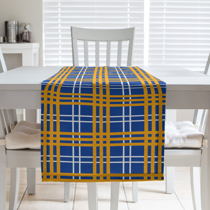 Paid Polyester Table Runner, 90" L x 16" W, Blue/White/Gold