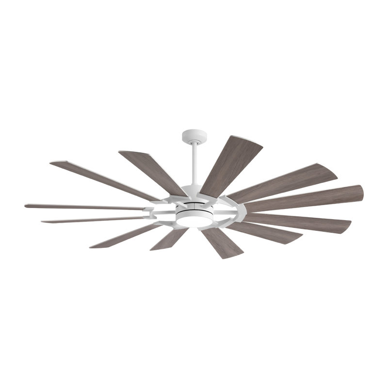 Ventilateur de plafond en bois à 12 pales avec lumière, ventilateur de plafond blanc avec lumière, débit d'air élevé de 8509 pi³ / min, moteur à courant continu silencieux, lumière à DEL 3 cct, fonction réversible, 3 tiges verticales, ventilateur d'intérieur / commercial moderne pour les grandes pièces