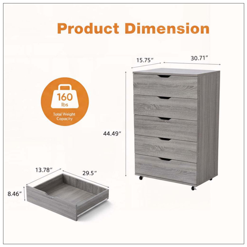 Commode mobile à 5 tiroirs avec roulettes, Gris