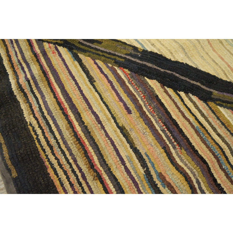 Ivory Diamon and Colorful Stripes Antique American Geometric Folk Art Hooked Rug