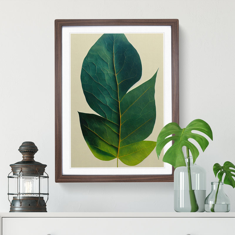 Single Plant Leaf No.2 - Wall Art, 48cm H x 36cm W, Walnut Framed, White