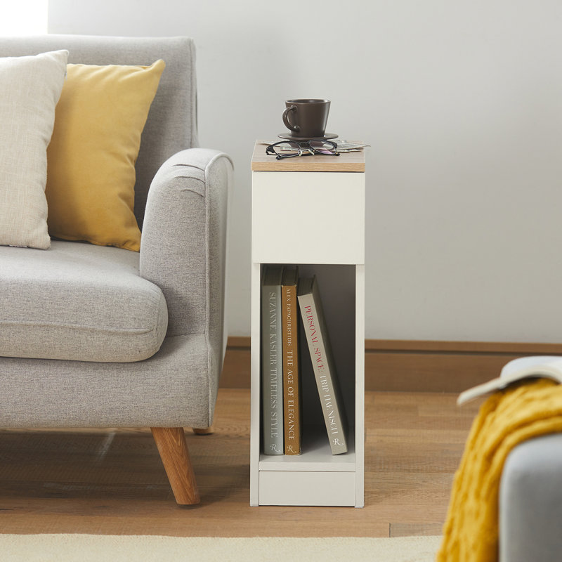 Natural & White Narrow End Table Nightstand with Sliding Drawer and Open Compartment, White, Natural