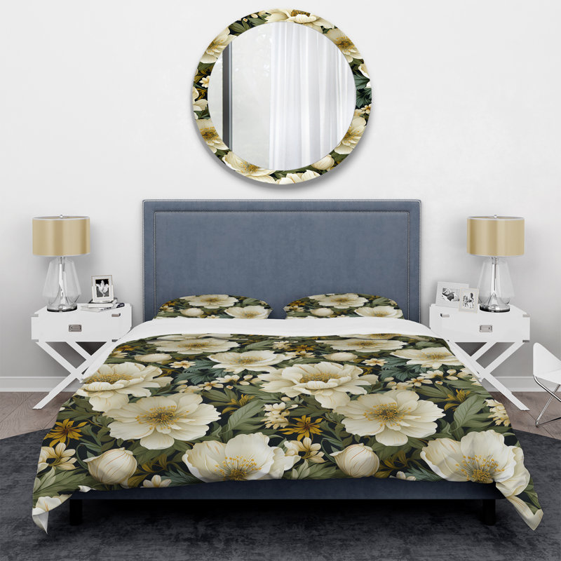 White Green Elegance Botanical Pattern II Floral Duvet Cover, Queen Duvet Cover + 2 Standard Shams