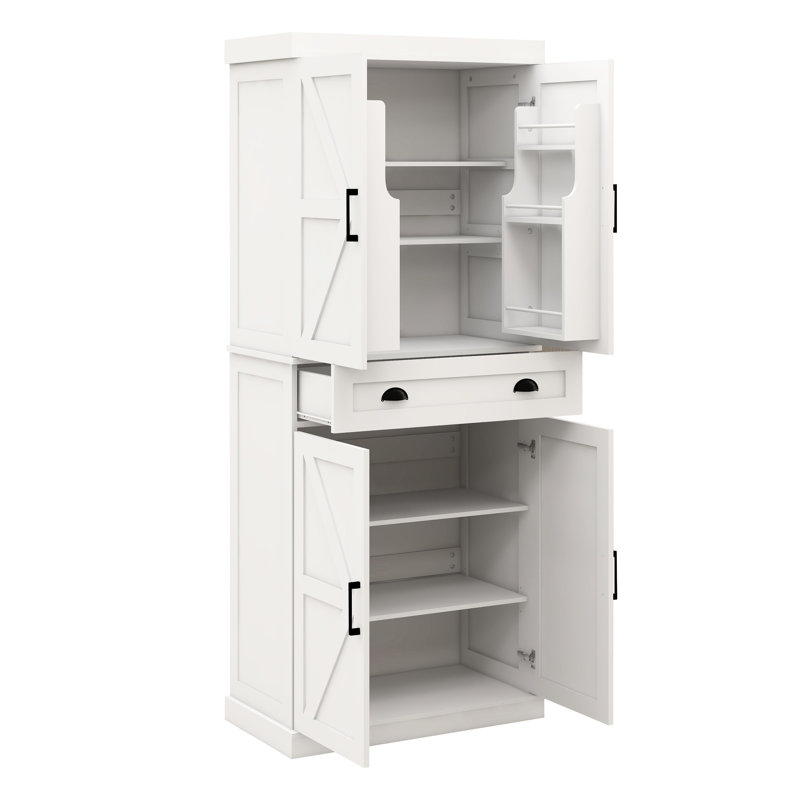 Armoire garde-manger blanche de 71 po pour la cuisine. 4 portes, 1 tiroir, 2 tablettes réglables. Rangement suffisant. Matériau E1. Enduit. Stable et sécuritaire. Armoire de rangement facile à assembler - blanche. Portes (2