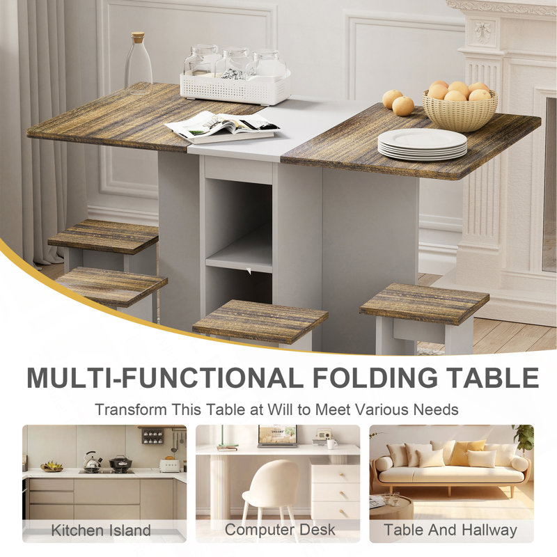 Ensemble de table de salle à manger extensible 5 pièces avec 4 chaises pour 4 personnes, ensemble de table de salle à manger en bois à abattant de 55 po avec rangement et 6 roulettes