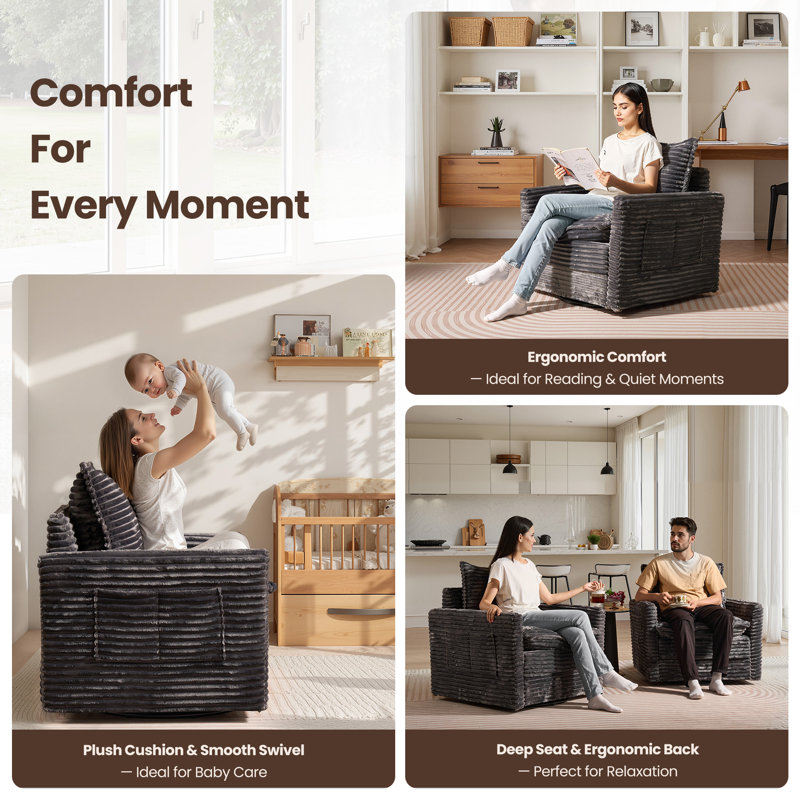 Ensemble de canapé modulaire en velours côtelé 4 pièces avec fauteuil pivotant, mobilier de salon moderne, Gris