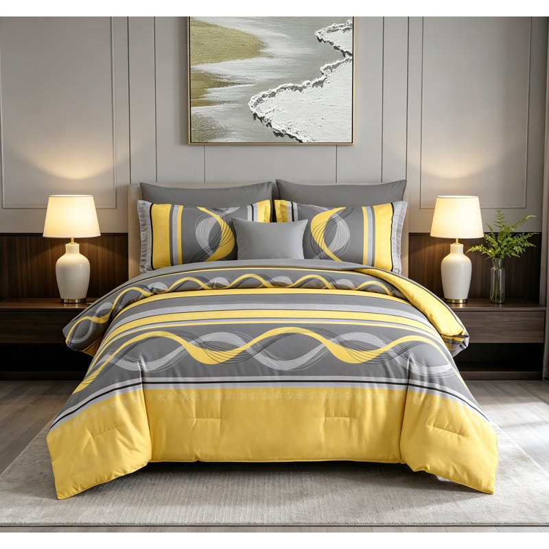 Ensemble d'édredon jaune et gris 8 pièces