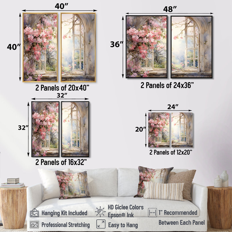 «Pink Blossoming Country Window Gaze I», impressions d'art traditionnel brun sur toile, 32" H x 32" W, Cream