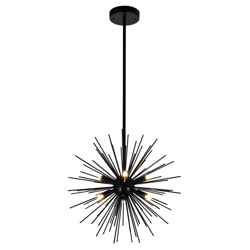 6-Light Starburst Chandelier – 16” Diameter, Black Finish – Modern Ceiling Light for Dining Room, Living Room, Bedroom