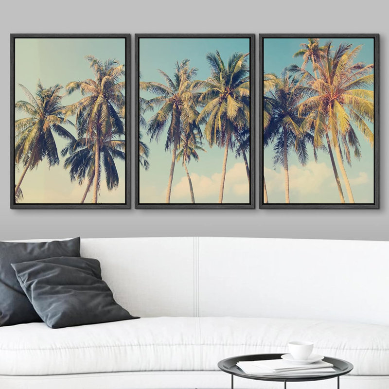 Ensemble de 3 reproductions de photos de palmiers tropicaux sur une plage, Cadre flottant noir, H 24 po x l 36 po x 1,5 po