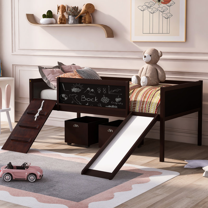Lit mezzanine simple en bois avec deux boîtes de rangement, Espresso