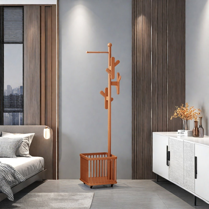 360° Mobile Cherry Wood Coat Rack with Basket