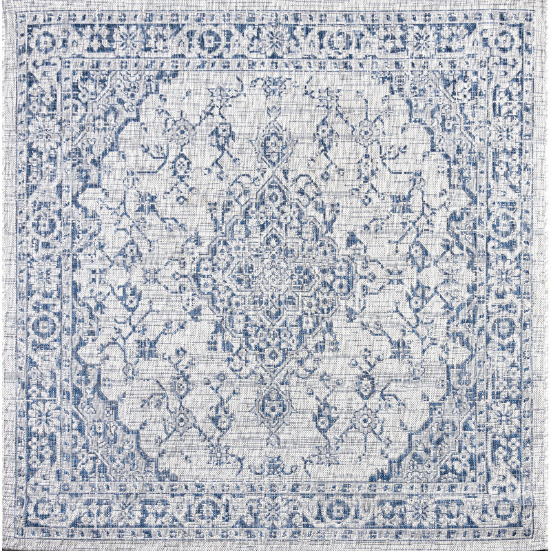 Nate Boho Medallion Textured Weave Gray/Navy Indoor/Outdoor Rug, Square 5'3"