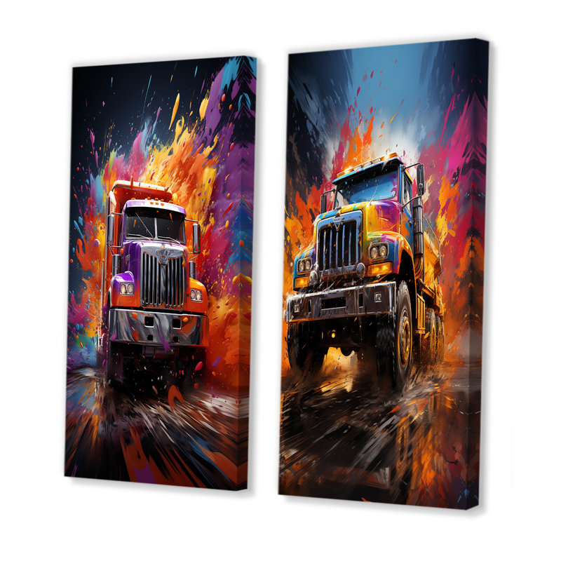 «Expressionist Monster Truck Fury» - ensemble de 2 décorations murales, H 40 po x l 41 po, Toile tendue