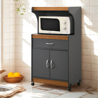 Chariot de cuisine roulant avec tablette à micro-ondes, tiroir à ustensiles, espace de rangement d'armoire intérieure et roulettes verrouillables