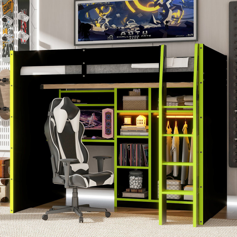Lit mezzanine en bois avec bureau, Vert