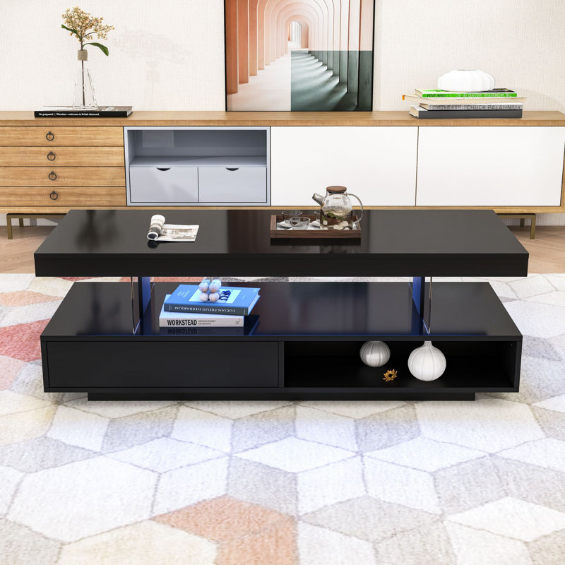 Table basse moderne à DEL avec 2 tiroirs et tablettes, Noir