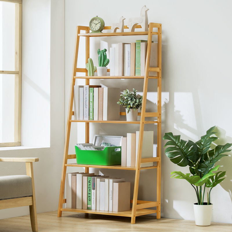 Barrelville Bamboo Ladder Bookcase Bookshelf Open Book Storage Shelf, (5 Shelves) 58.7" H x 27.2" W x 15" D