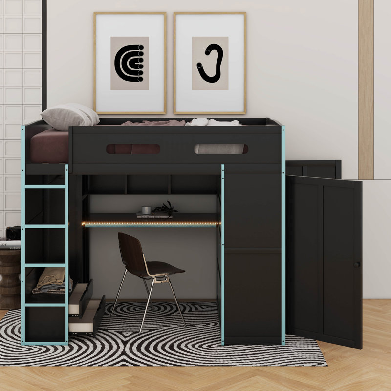 Full Size Wood Loft Bed With Desk,Wardrobe And RGB LED Light, Cloud Blue