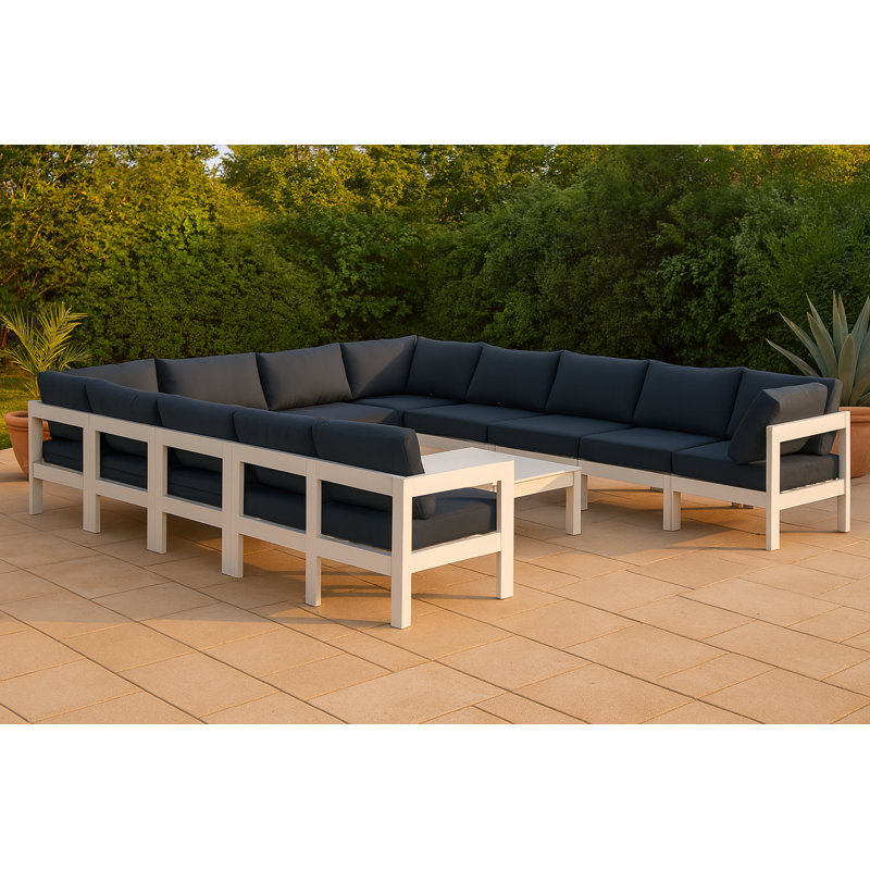 Canapé modulaire d'extérieur en U avec coussins Marquice, Bleu marine, Blanc