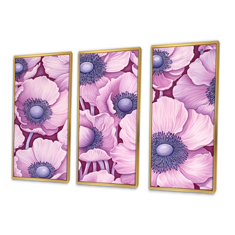 "Euphoria" rose et mauve coquelicots - ensemble de reproductions d'art mural fleurs, Cadre flottant doré