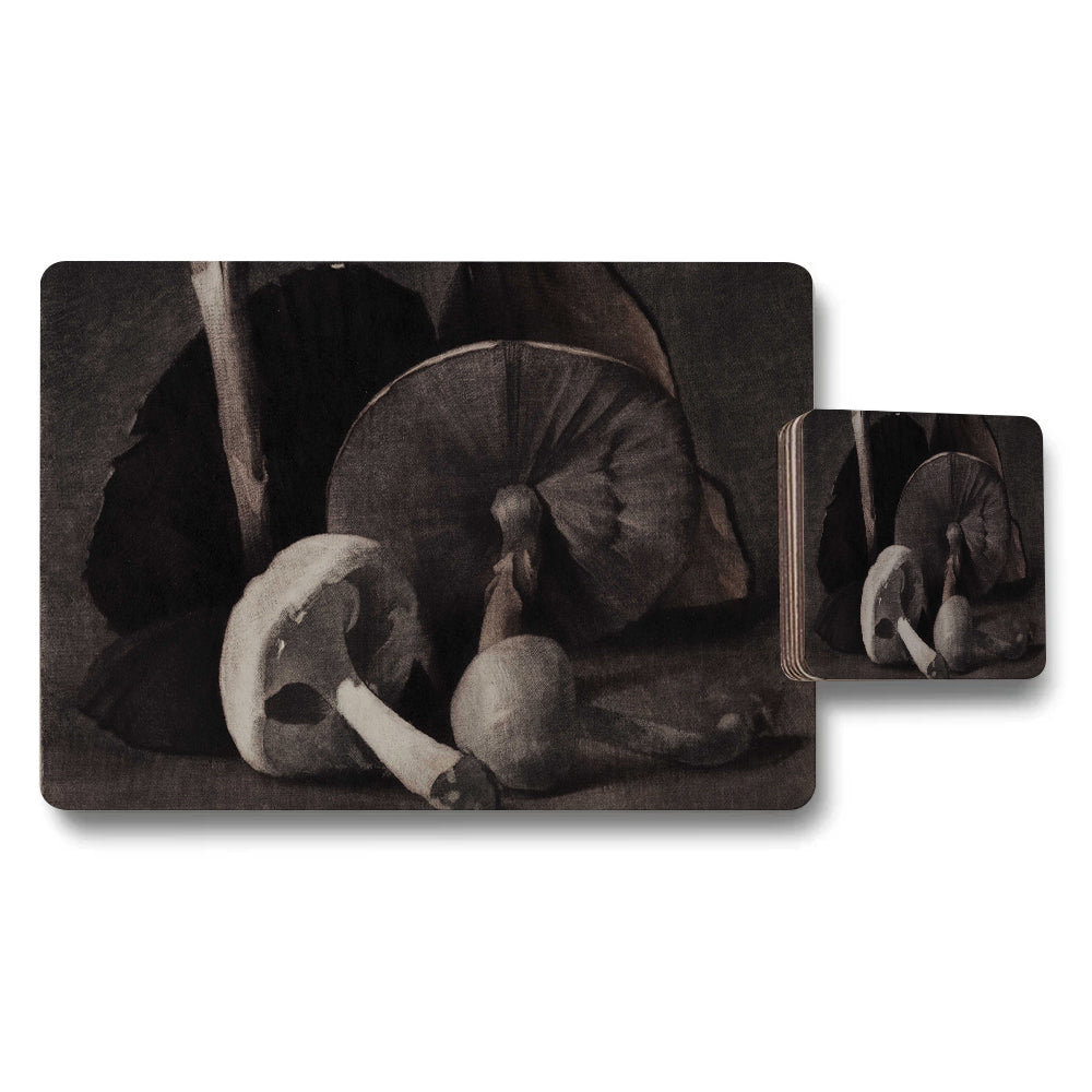 Mushroom Still Life Placemats and Coaster Set Vintage Botanical Kitchen Decor