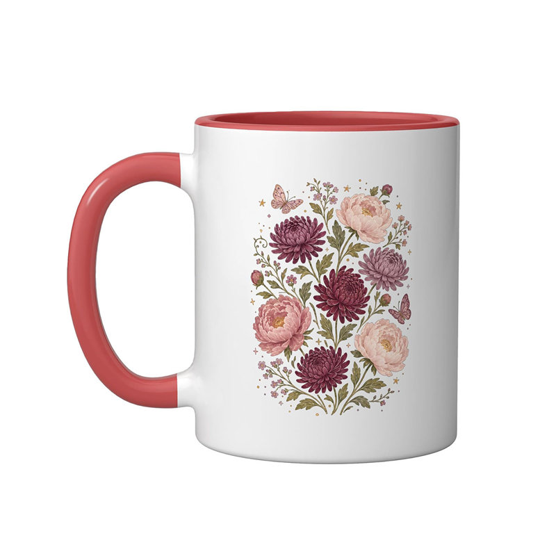 Peony Chrysanthemum Botanical Floral Ceramic Mug, 11oz, Red