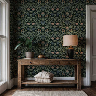 Dark Green Art Nouveau Floral Wall Mural | Symmetrical Botanical Wallpaper | Non-Woven or Peel and Stick
