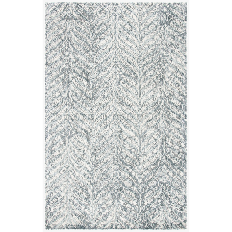 Restoration Vintage Hand Tufted Wool/Viscose Pile Damask Rug in Ivory/Sage, Rectangle 4' x 6'
