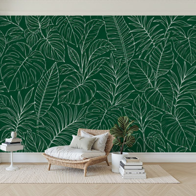 Wall Mural Peel and Stick Wallpaper Tropical exotic floral line green palm leaves seamless line Exotic Self-Adhesive Removable Contact Paper Wall Decor for Living Room Bedroom 100"H x 144"W