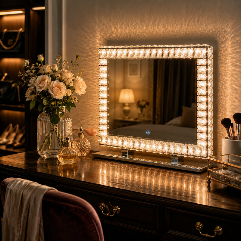 Miroir de maquillage lumineux en cristal avec éclairage 3 couleurs, commande tactile, à poser ou à fixer au mur