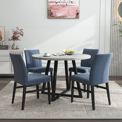 Roundhill Furniture Edo 5-Piece Dining Set, Round Trestle Table And 4 Upholstered Chairs, Gray And Blue