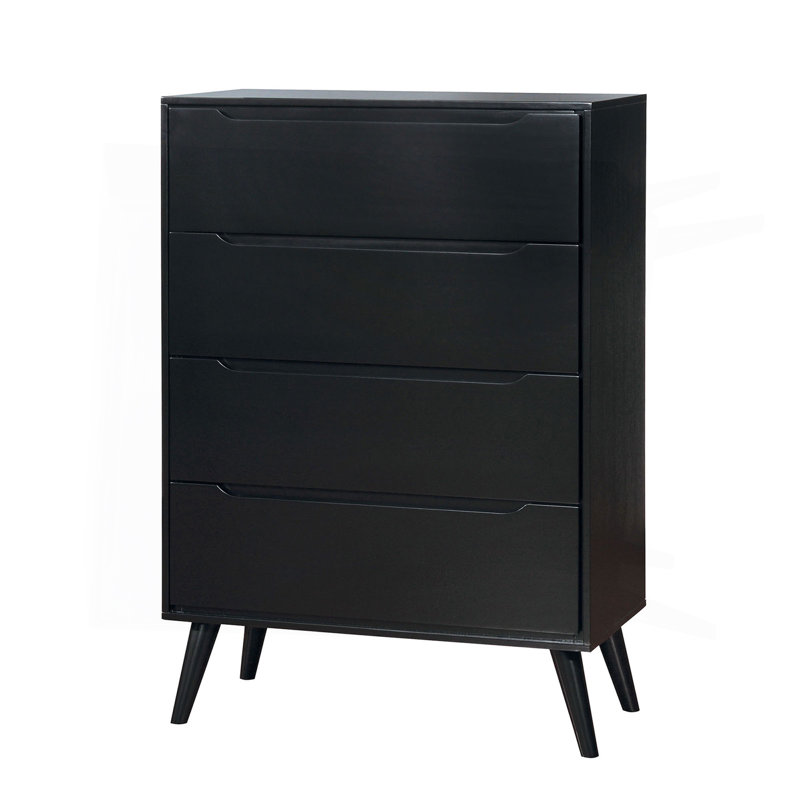Commode Mid-Century moderne noire à 4 tiroirs avec poignées encastrées et fuselées, Noir