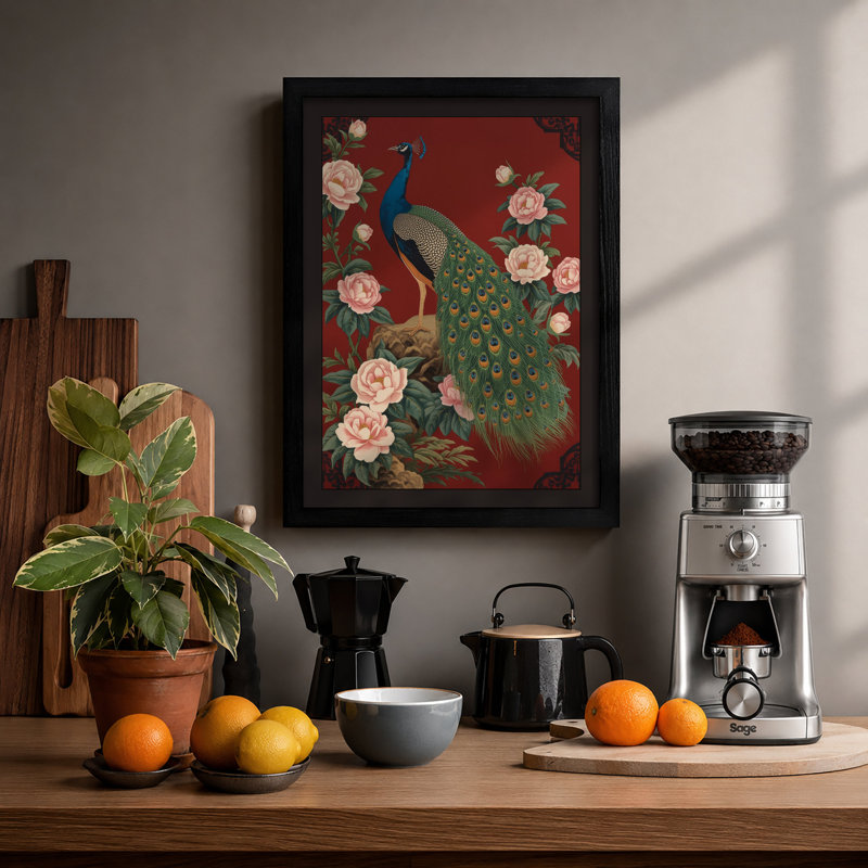 Peacock in Bloom Botanical - Framed Print, A1 - 84.1 x 59.4 cm, Black