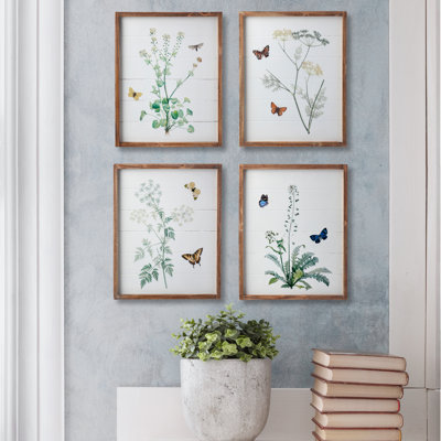 Papillon et fleur - ensemble de 4 peintures sur bois encadrées