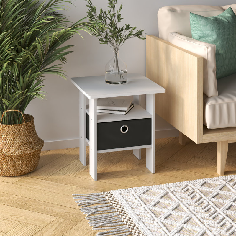 Table de chevet moderne en bois 15,51 po x 15,5 po x 17,52 po avec tiroir et tablette, Blanc, Noir / blanc