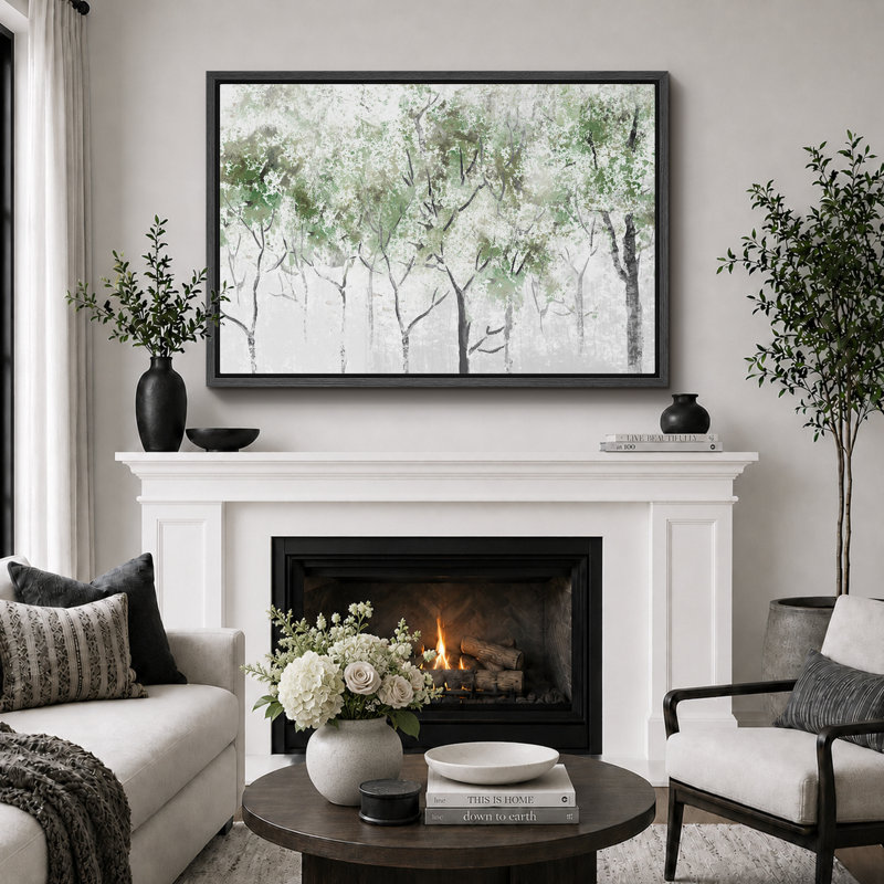 «Abstract Forest Rustic Pastel Green Spring Forest Tree Nature Abstract Landscape», reproduction d'art sur toile, Noir