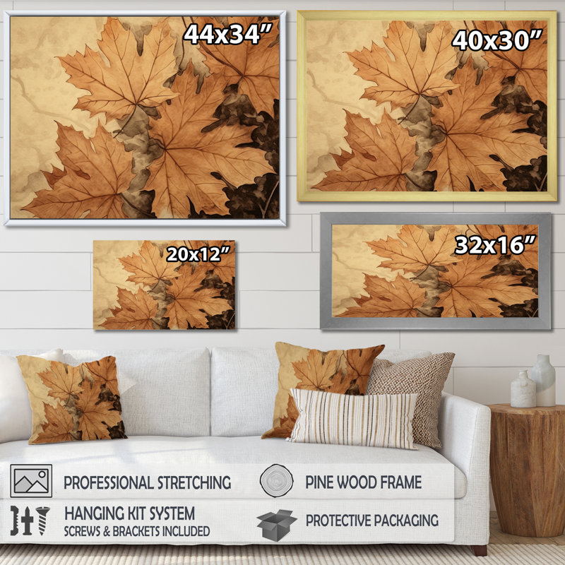 " Brown Beige Leafs Harmony I ", 12" H x 20" W x 1" D, Wrapped Canvas